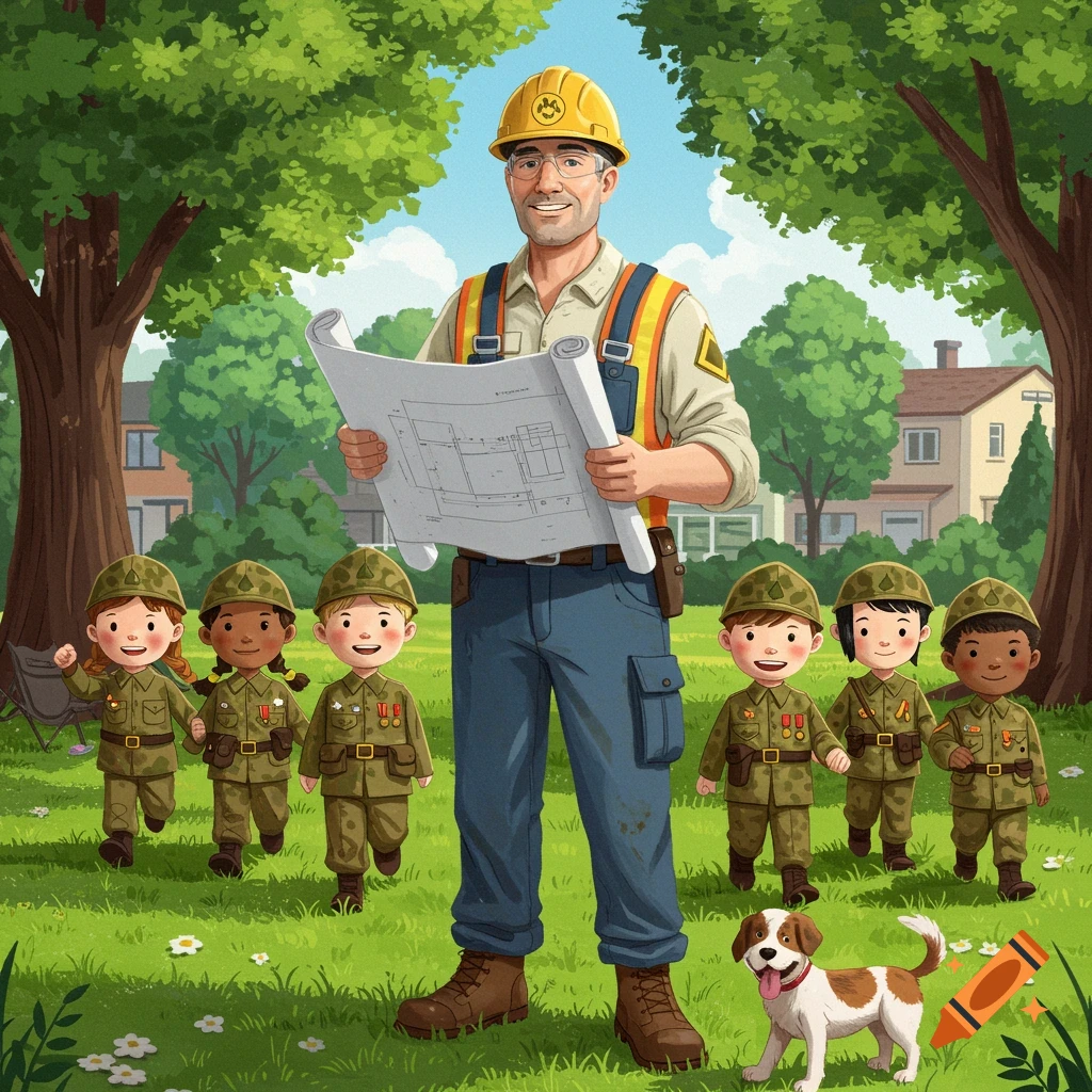 An adult male civilian contractor in a hard hat and vest stands in a park, holding blueprints, surrounded by diverse children dressed as soldiers and a dog.