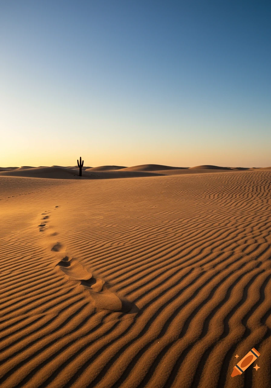 Golden desert dunes with ripples and footprints under a gradient sky at sunset, featuring a lone silhouetted cactus.