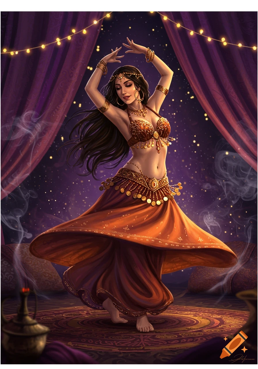 Digital art of a belly dancer with flowing orange skirt and gold jewelry, dancing in an ornate purple room with string lights.