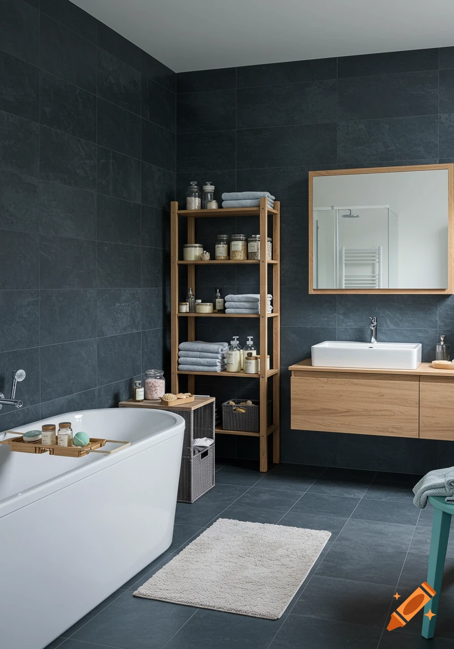 A modern bathroom with dark grey tiles, a white bathtub, a wooden vanity with a sink, and a wooden shelving unit.