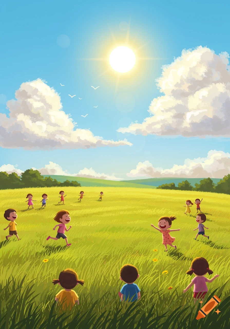 Colorful illustration of smiling children running and playing in a sunny green field with fluffy clouds.