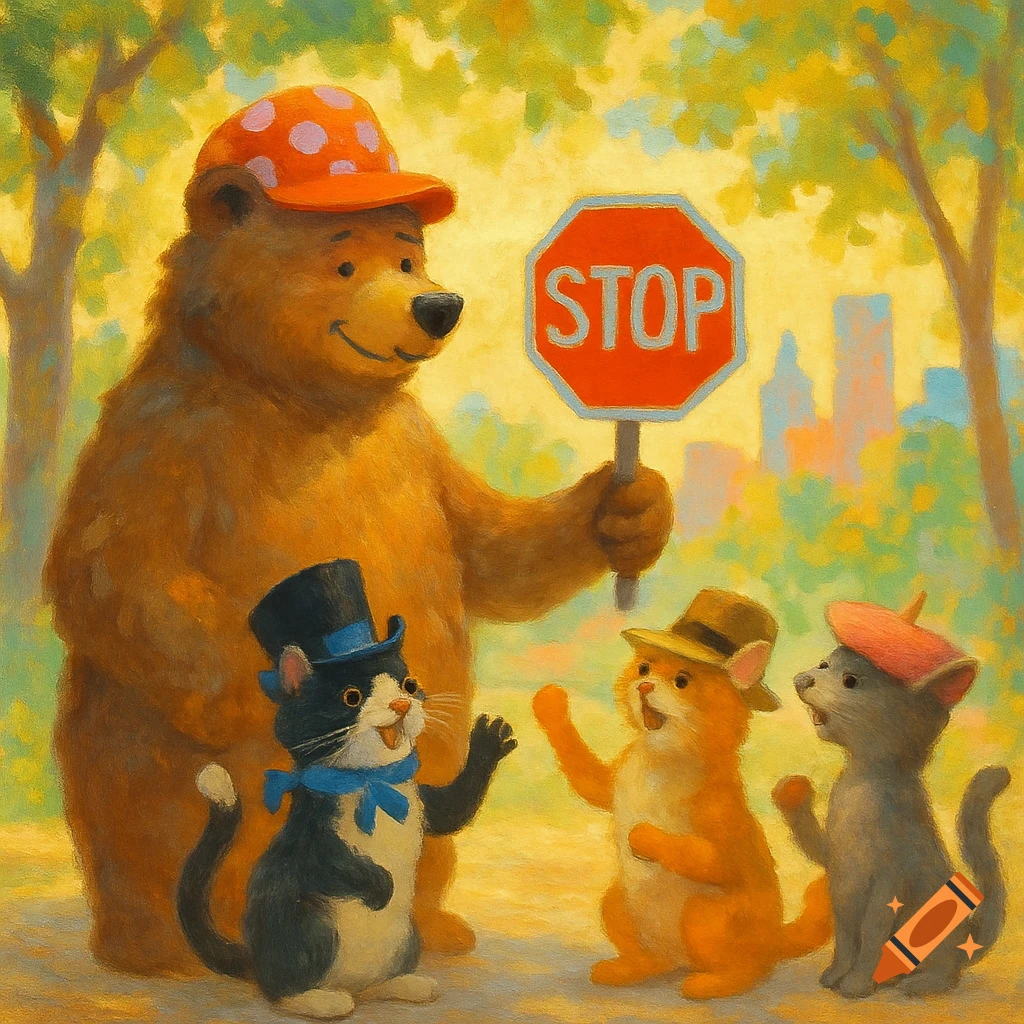 A bear in a polka-dot hat holds a stop sign for three cats wearing hats in a sunny park with a city view, in a painterly style.