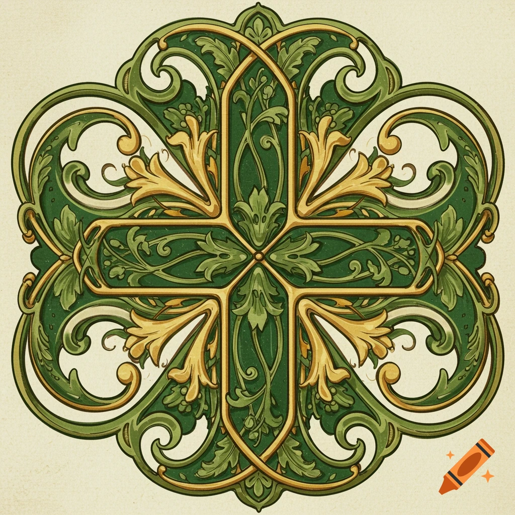 Art Nouveau ornamental cross icon in green and gold, with stylized leaves and scrolling patterns.