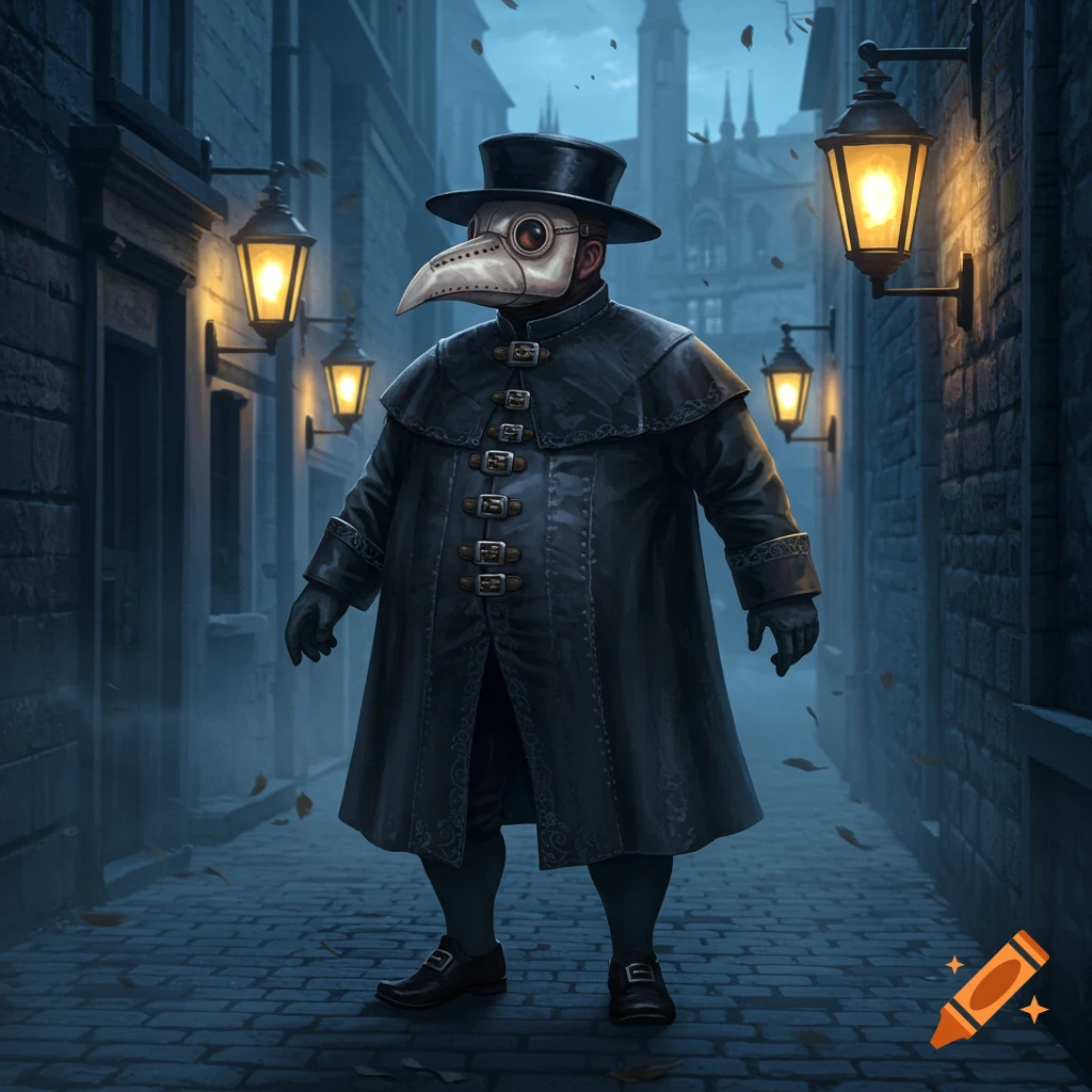 A stout plague doctor with a bird-like mask, black coat, and top hat stands in a dark, narrow cobblestone alley lit by lanterns, with tiny legs.