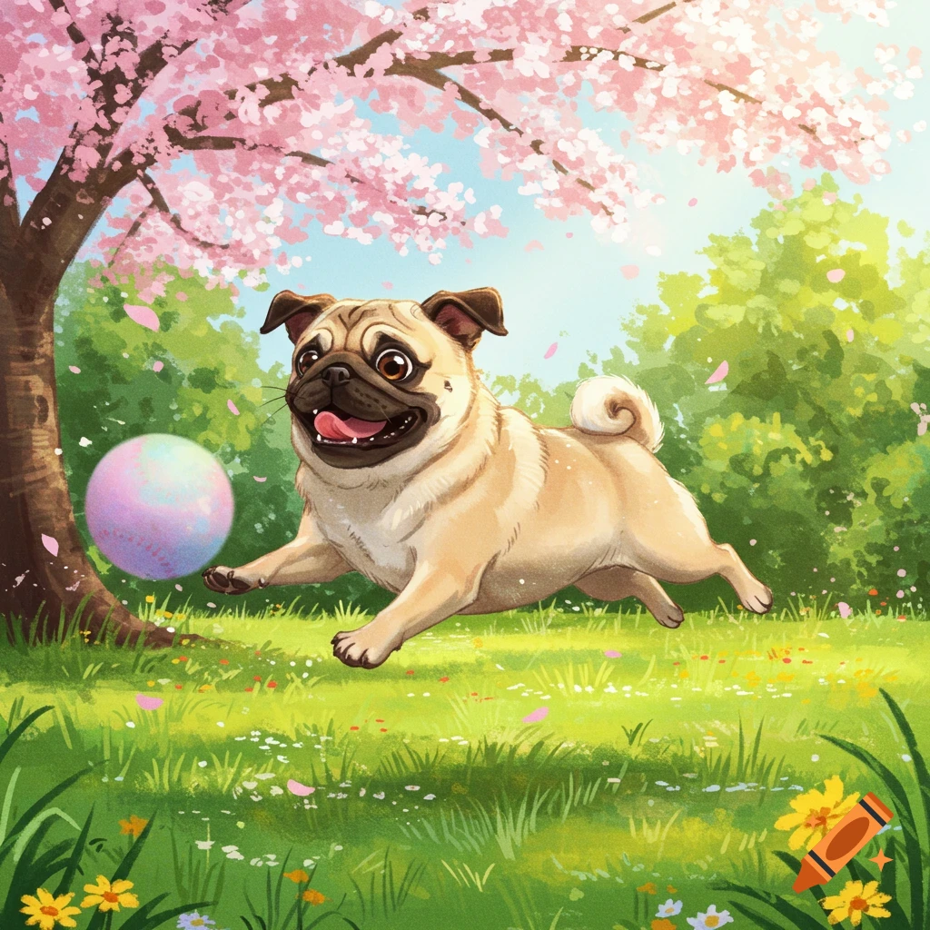 A happy pug runs, chasing a pink ball under a blooming cherry blossom tree in a green park, illustration.