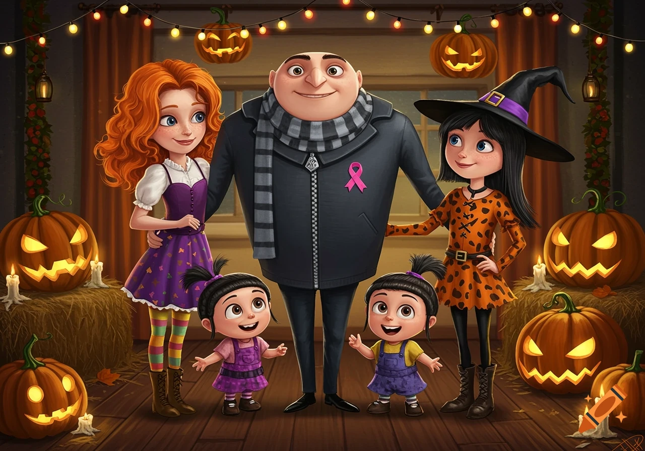 Despicable Me family (Gru, Lucy, Margo, Edith, Agnes) in Halloween costumes, posing in a festive, warmly lit room with jack-o'-lanterns.