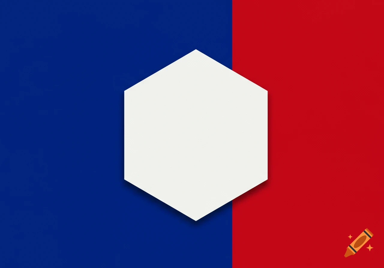 A white hexagon centered on a vertical split background of royal blue on the left and bright red on the right.