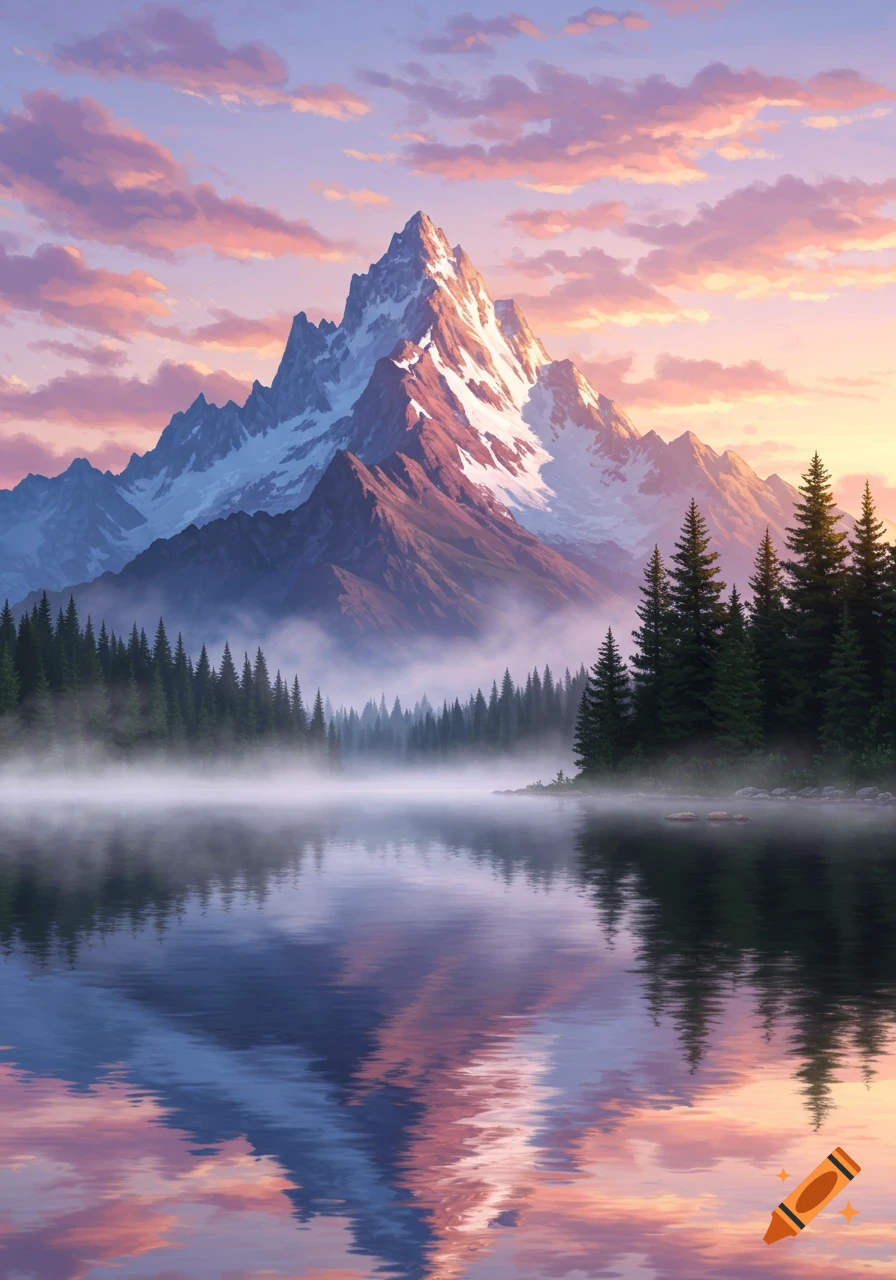 A majestic snow-capped mountain overlooks a misty lake and pine forest at sunset, with colorful clouds reflecting in the water.