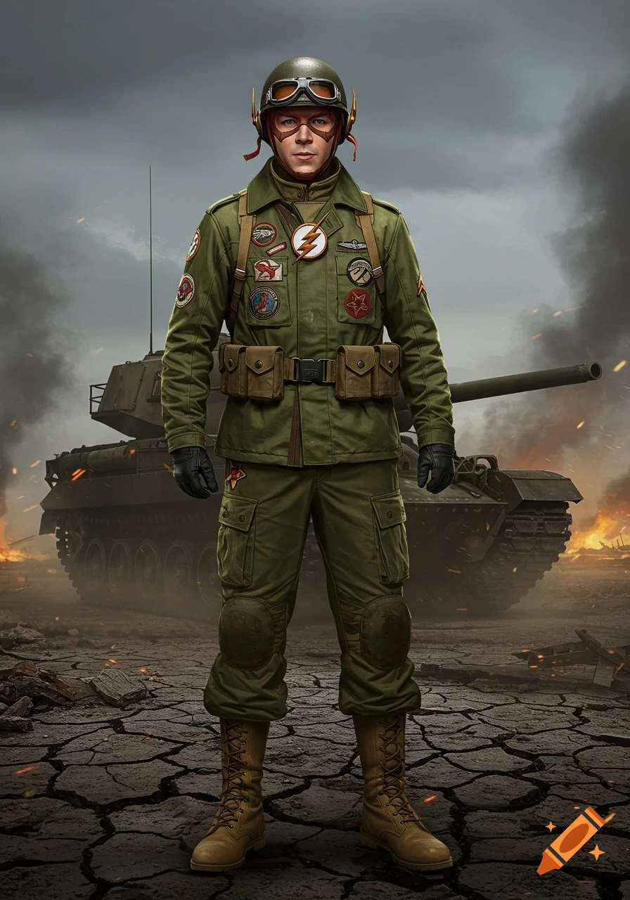 Photorealistic soldier with Flash emblem and goggles stands on a cracked battlefield with a tank and smoke.