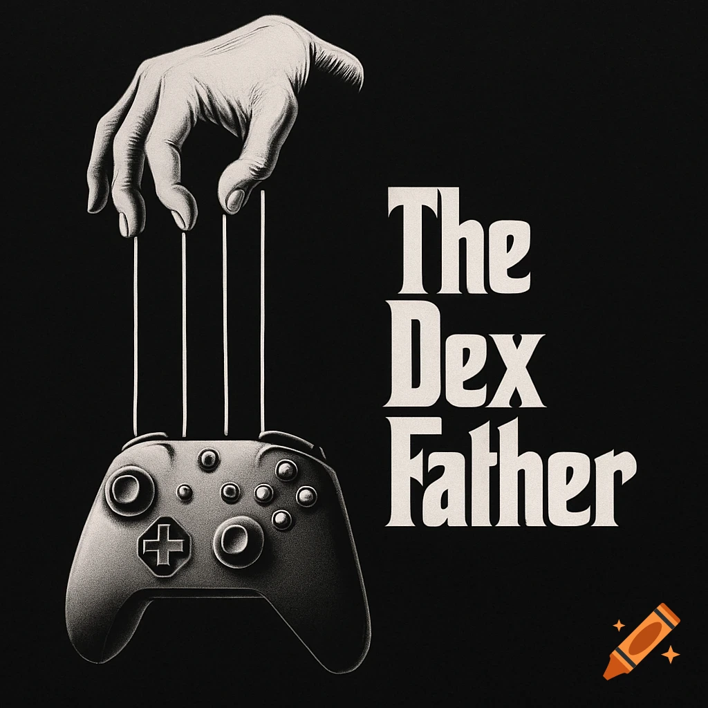 A stylized, monochromatic image depicting a hand controlling an Xbox controller with puppet strings. Text reads 'The Dex Father'.