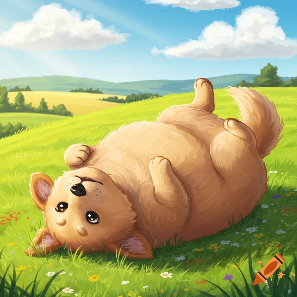 A fluffy light brown cartoon dog lies on its back in a sunny green field with wildflowers, hills, and a blue sky.