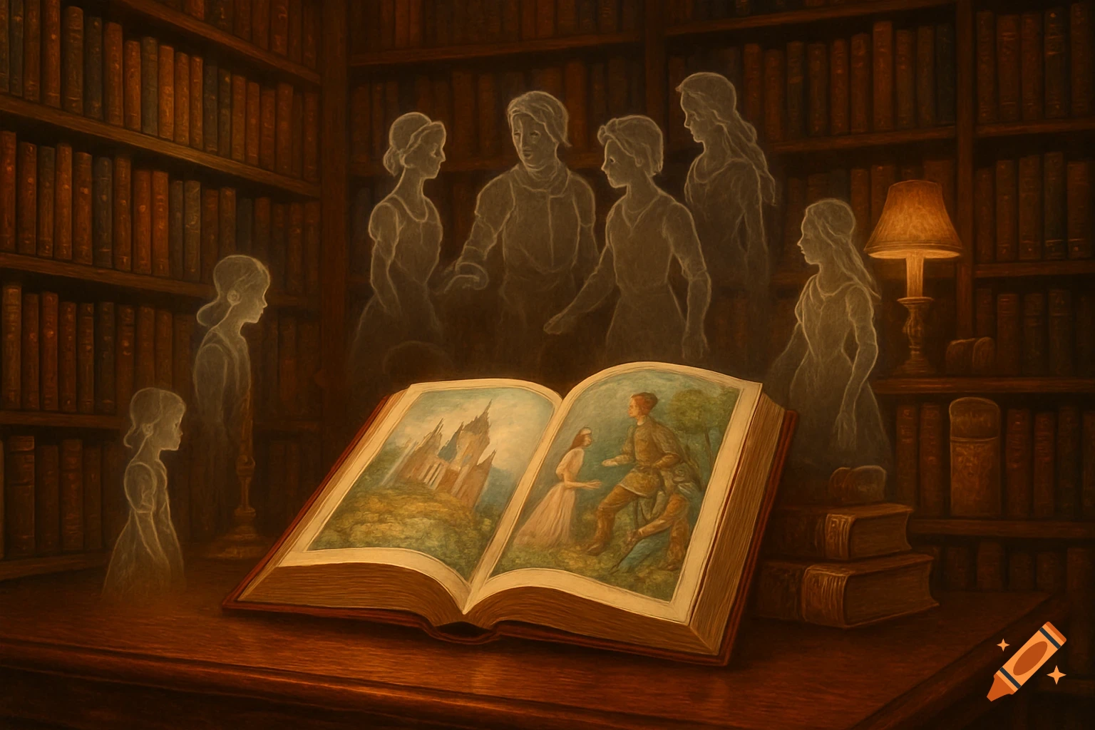 A magical library scene with ghostly figures surrounding an open storybook depicting a castle and fairytale characters.