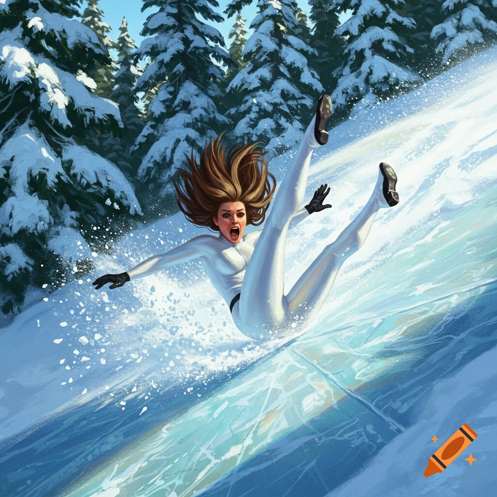 A woman in a white suit slides down a steep icy hill, screaming in a dramatic illustration.