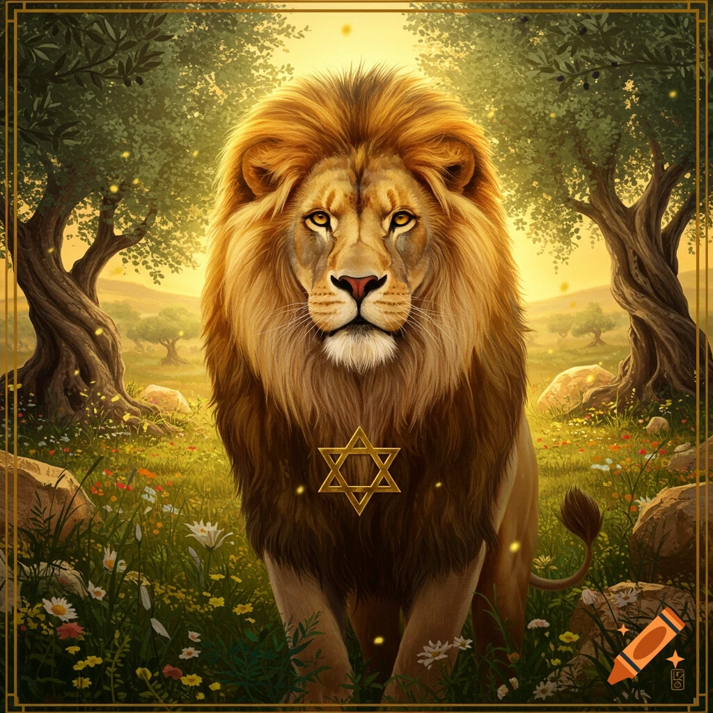 A majestic lion with a Star of David symbol on its chest stands in a sunlit meadow with olive trees.