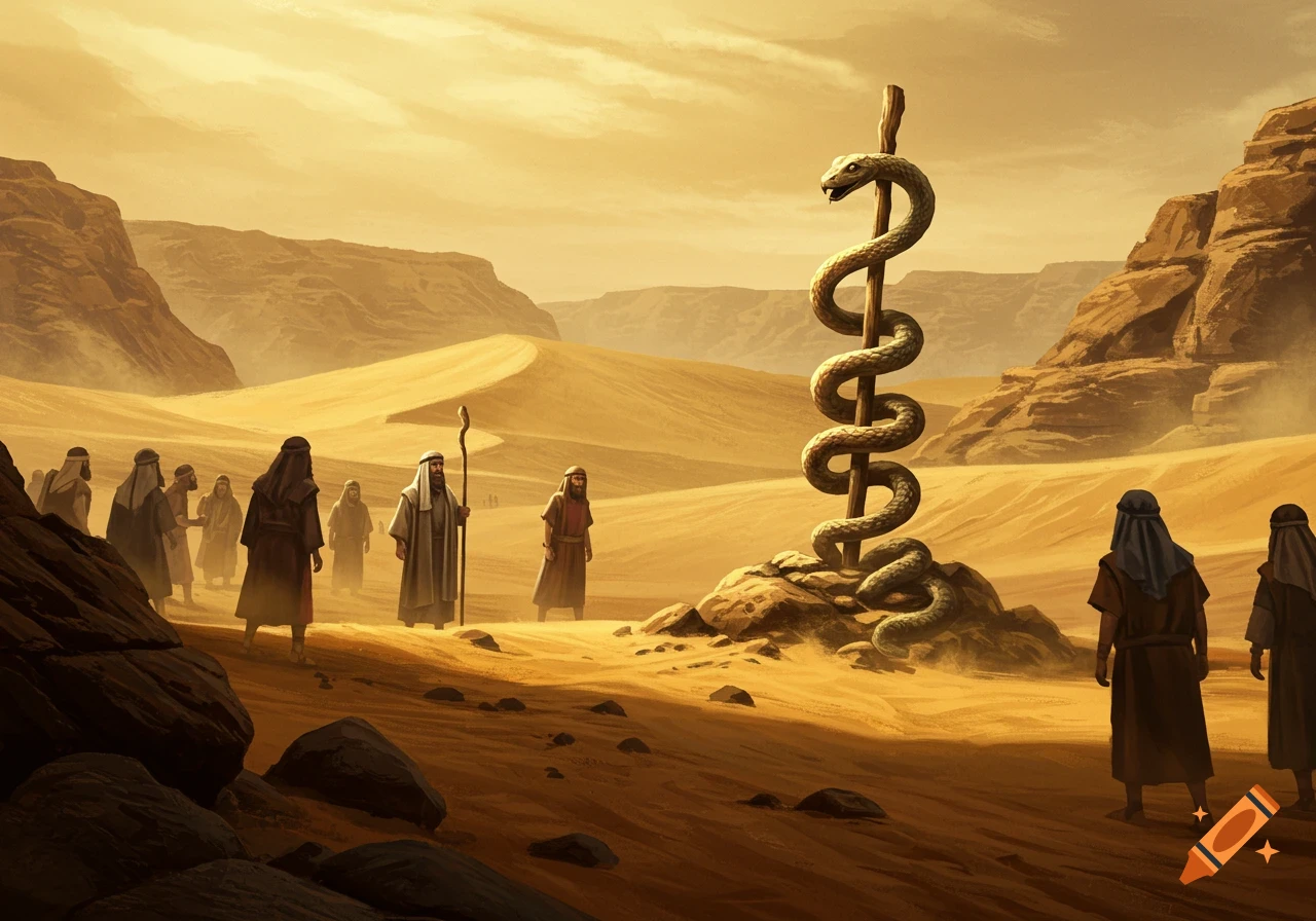 Robed figures in a vast desert gaze at a large bronze serpent wrapped around a pole.