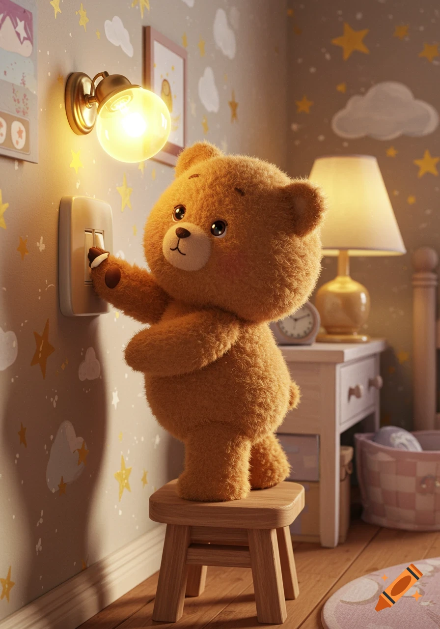 A fluffy brown teddy bear stands on a stool, turning on a light switch in a cozy, star-patterned children's room. 3D render.