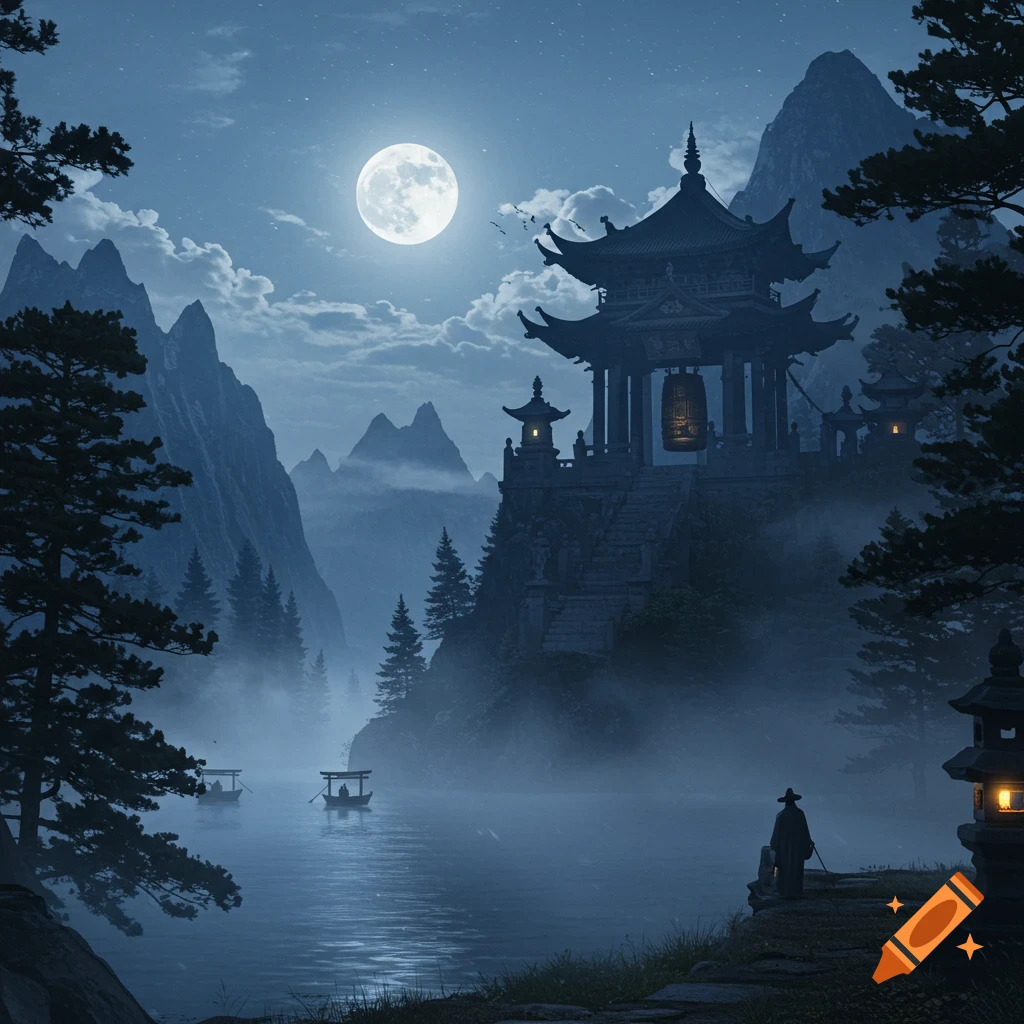 Serene moonlit landscape with an East Asian temple on a misty mountain, overlooking a lake with boats and a figure, photorealistic style.