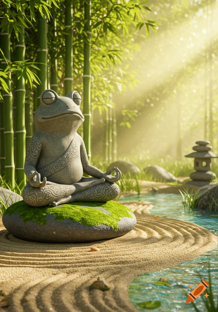 A serene stone frog statue meditates on a mossy rock in a sunlit Zen garden with bamboo, sand ripples, and a pond.