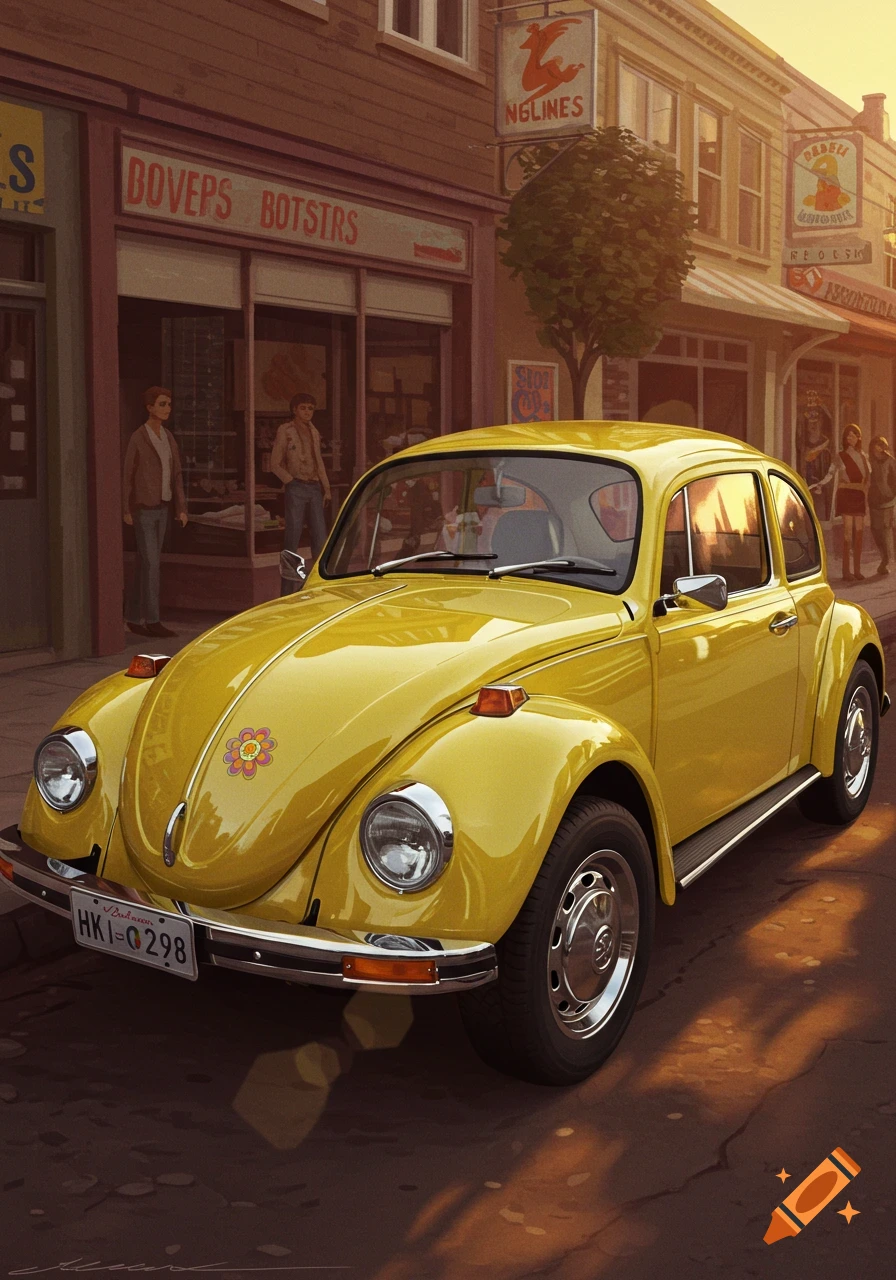 A vibrant yellow 1974 VW Beetle is parked on a sunlit street in front of shops, featuring a flower sticker on its hood.