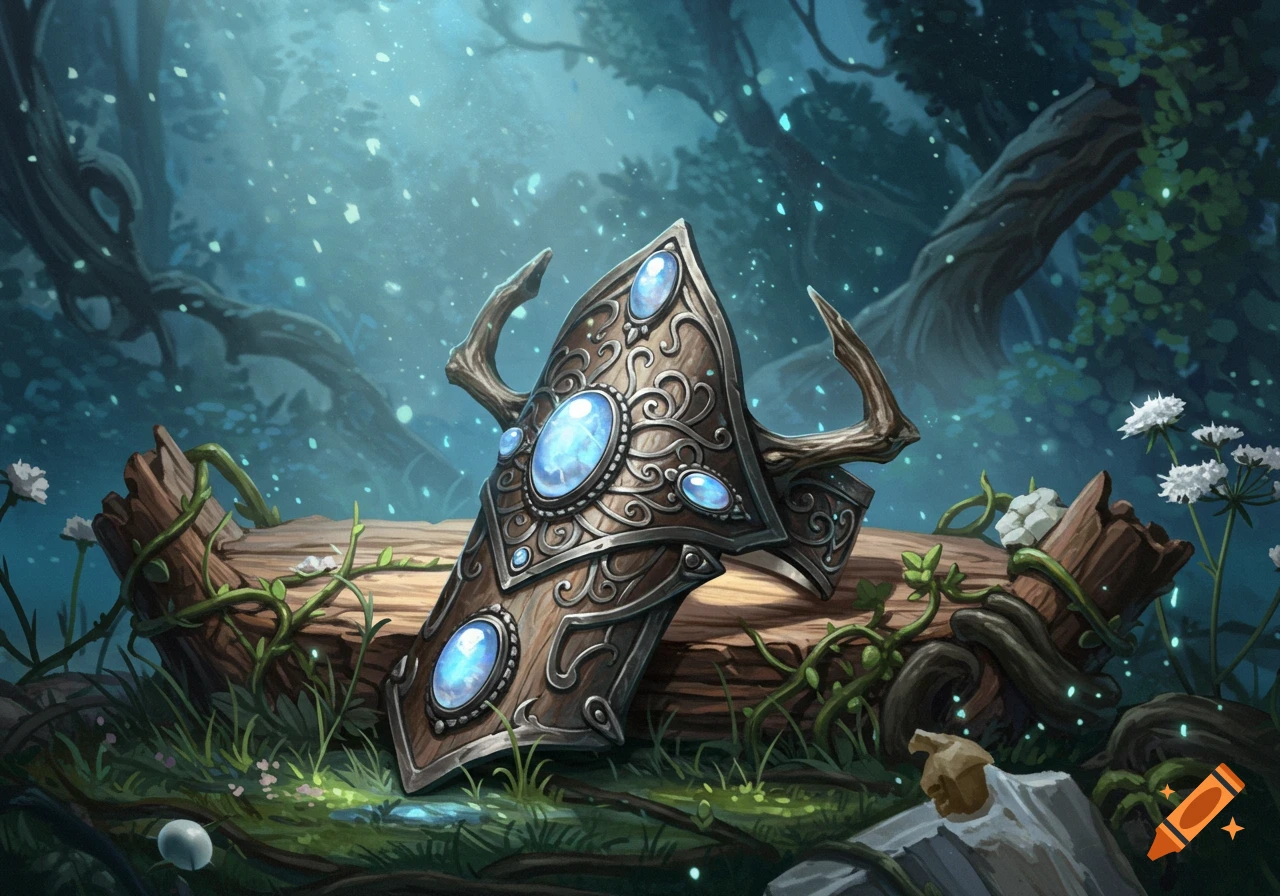 An ornate, magical bracer with glowing blue moonstones resting on a mossy log in a mystical forest with luminous particles.