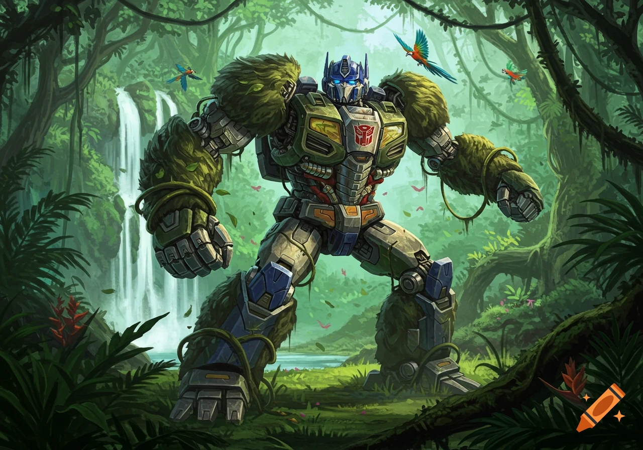 Optimus Primal, a moss-covered robot, stands heroically in a vibrant, lush jungle with waterfalls and exotic birds.