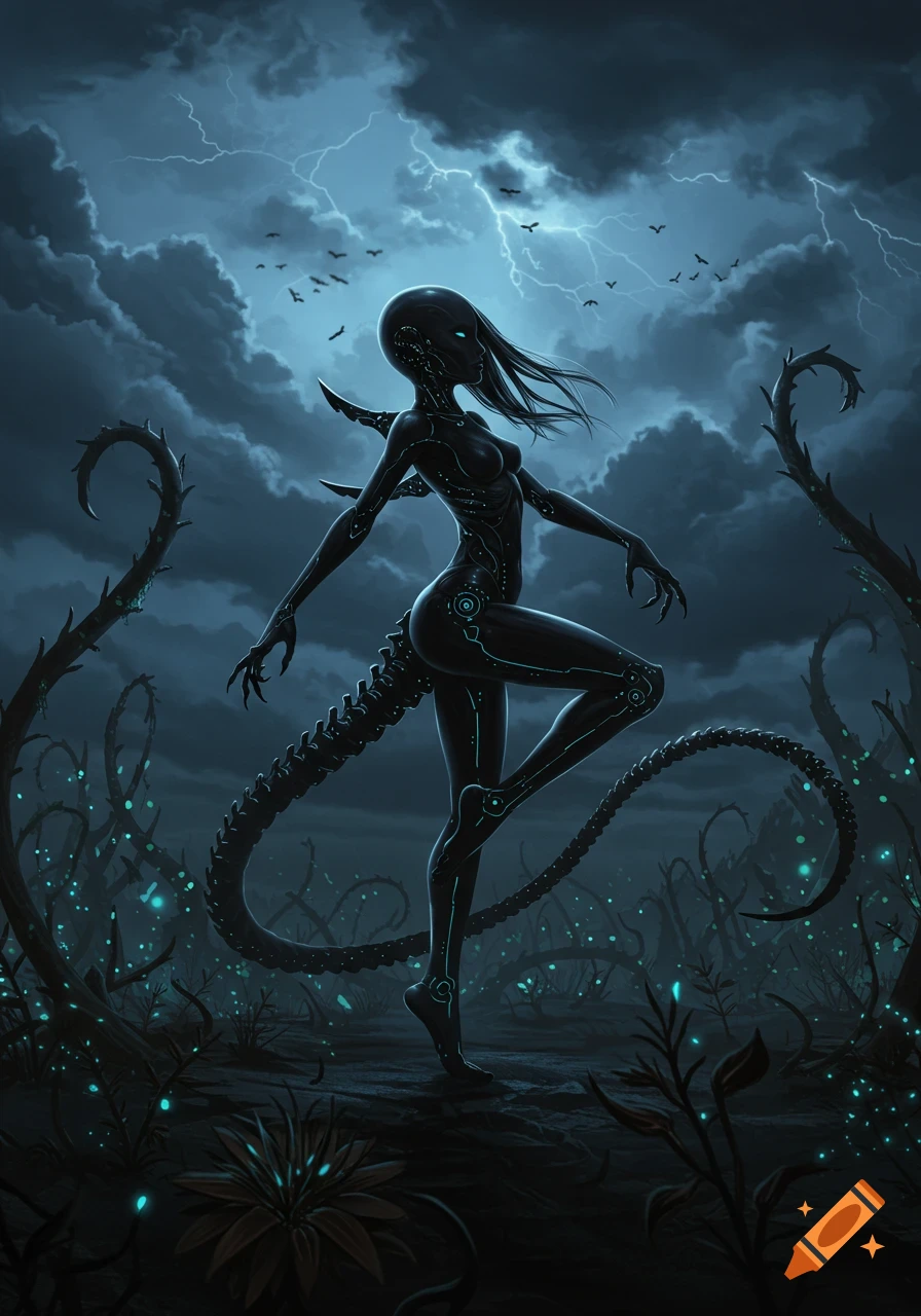 Dark fantasy illustration of a xenomorph-like female figure striking a pose in a stormy landscape with glowing plants and lightning.