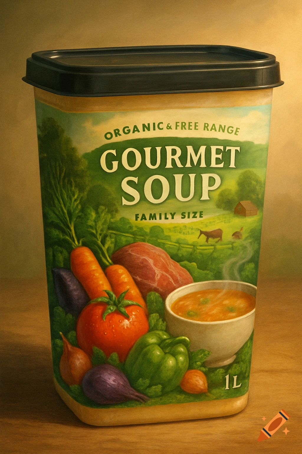 A rectangular soup container with a black lid, labeled "Gourmet Soup" with "Organic & Free Range" and "Family Size". The label features a colorful illustration of fresh vegetables, meat, a steaming bowl of soup, and a pastoral farm scene.