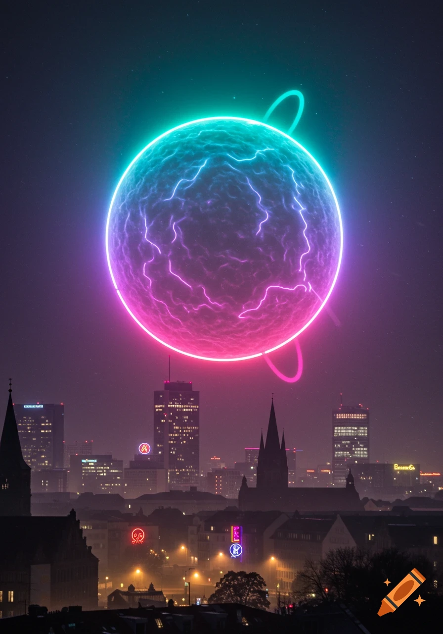 A large, glowing neon pink and cyan orb hangs in the night sky above a detailed cityscape with illuminated buildings and spires.