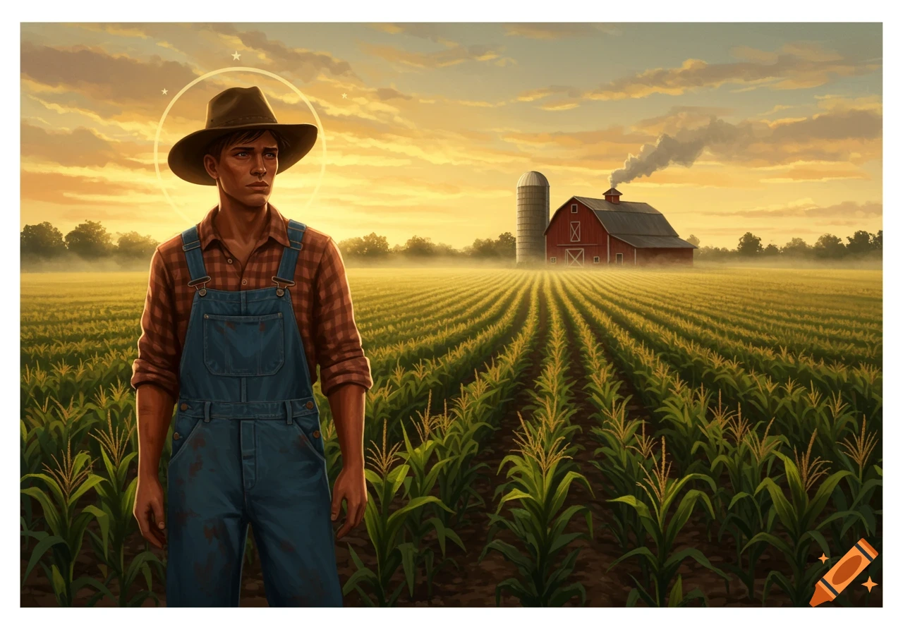 A farmer in a hat and overalls stands in a cornfield at sunset, with a barn and silo in the background. Digital painting.