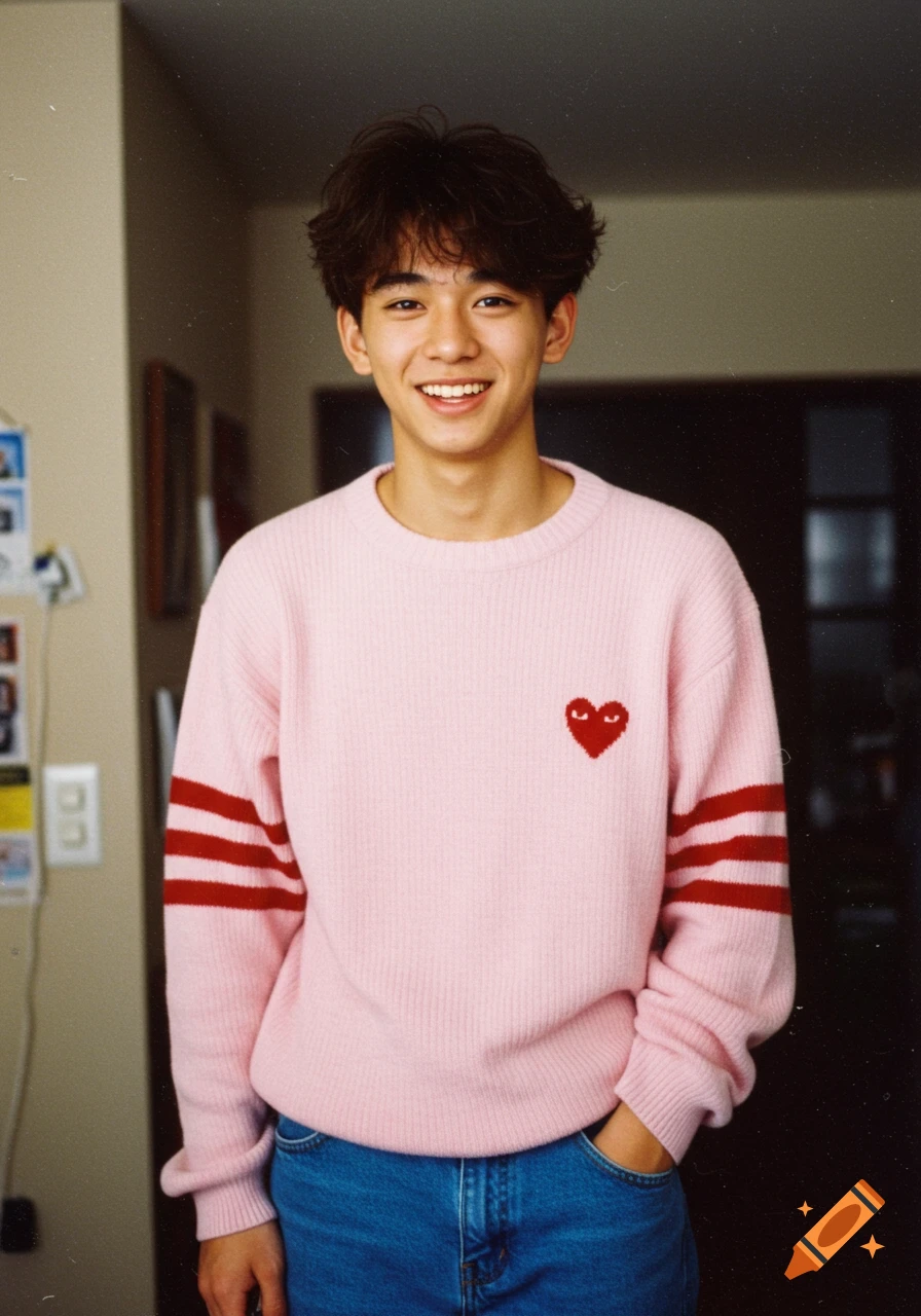 A smiling young Japanese man in a light pink sweater with red stripes and a red heart, wearing jeans. Photorealistic.