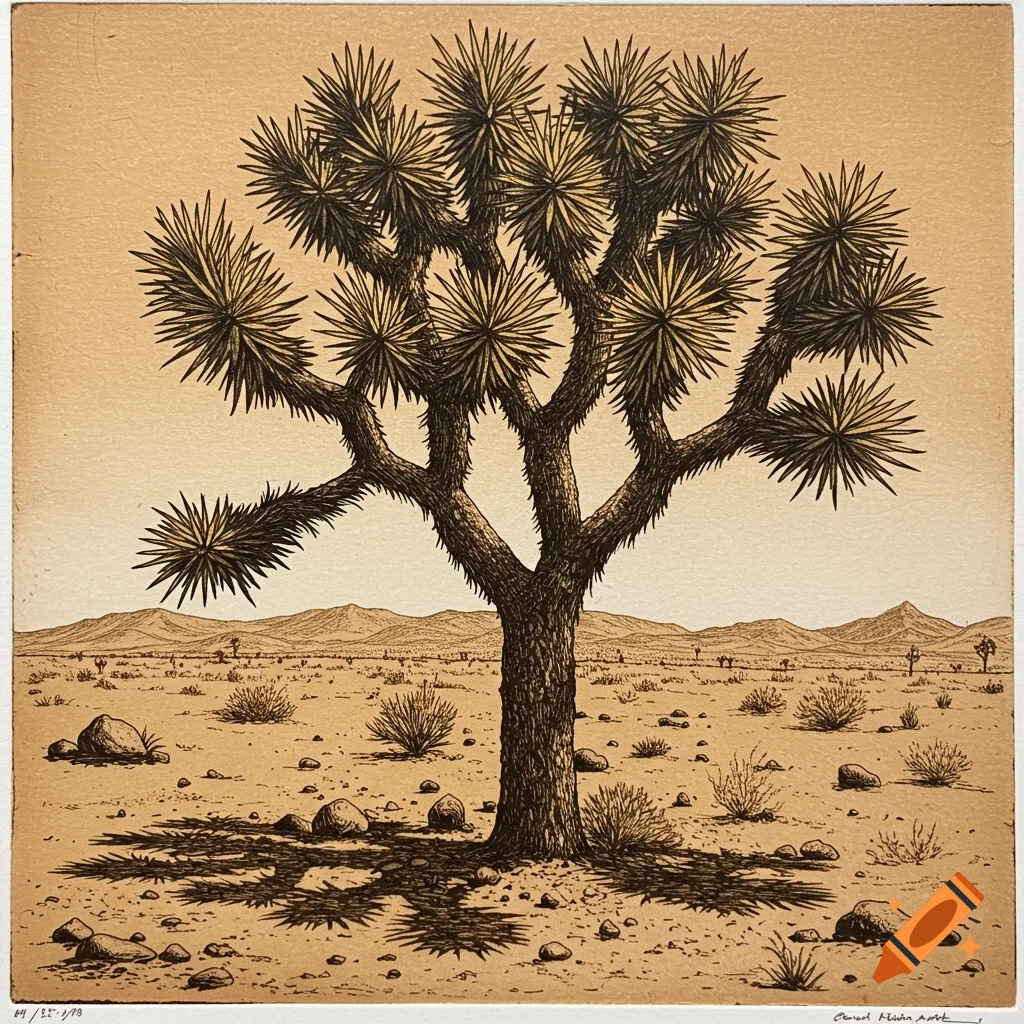 Etching of a Joshua tree standing in a desert landscape with distant mountains.