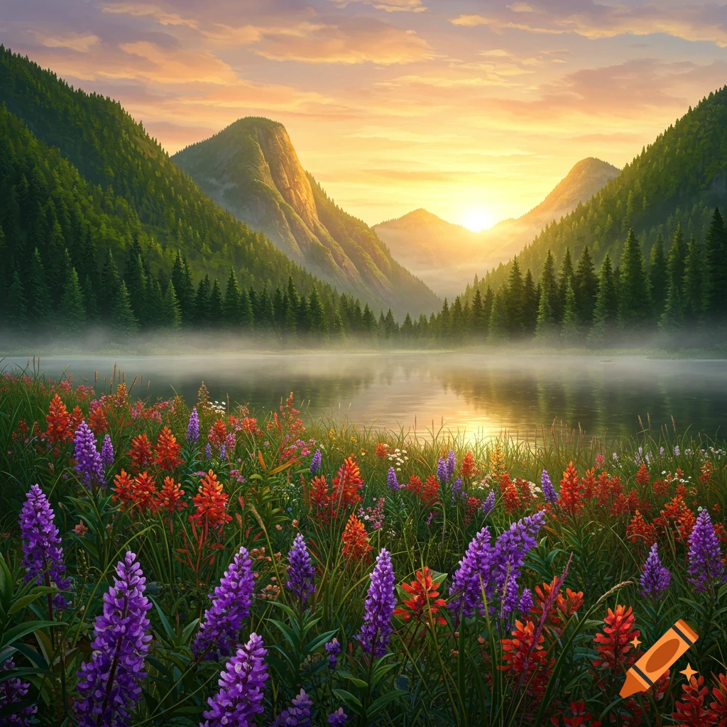 A photorealistic mountain landscape at sunrise, with a tranquil lake reflecting the golden light and vibrant wildflowers blooming in the foreground.