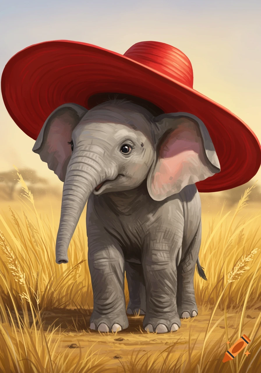 A cute baby elephant wearing a large red hat stands in a sunny field of tall golden grass.