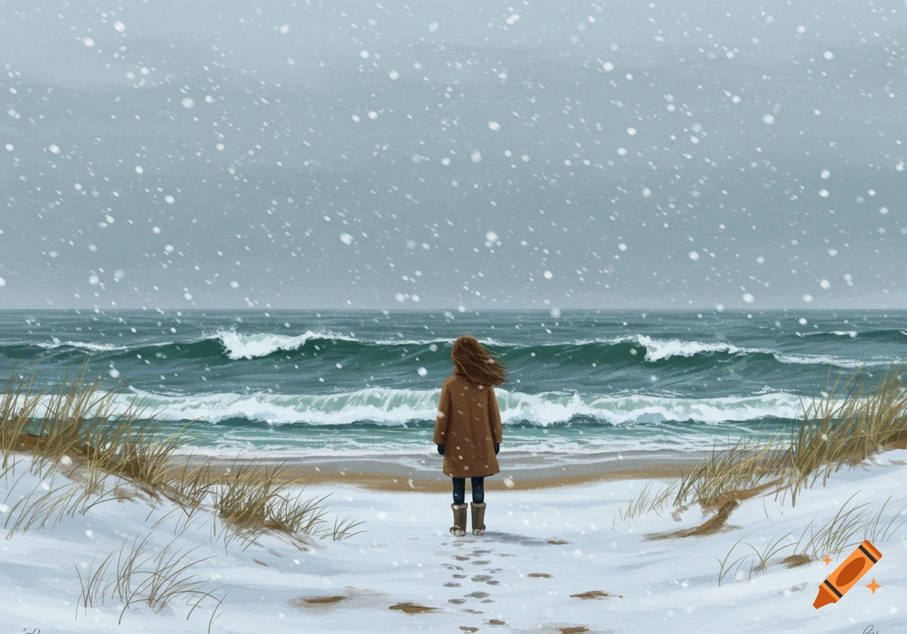 A person in a brown coat stands on a snowy beach, looking at the ocean with waves under a snowy sky.