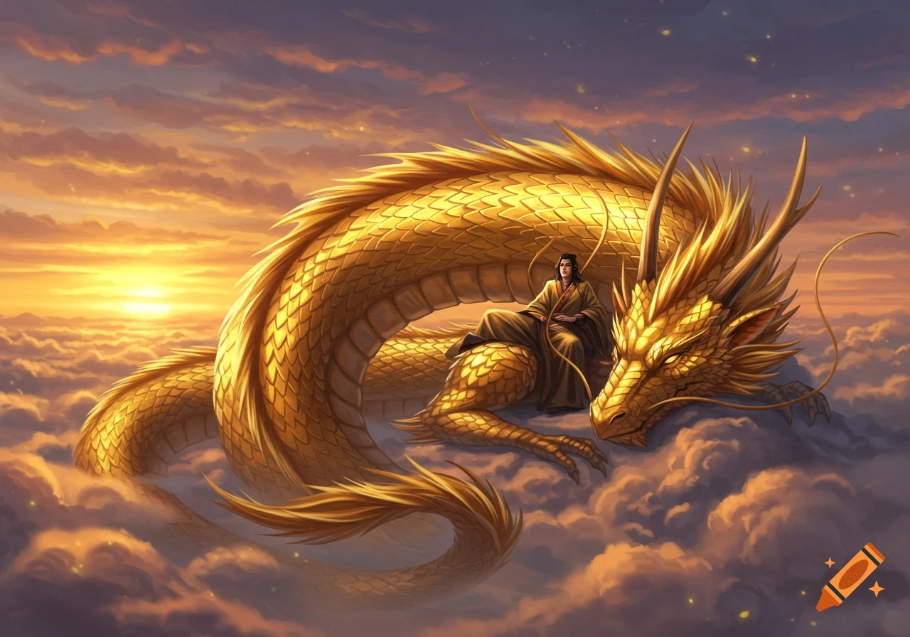A serene figure in traditional attire rests on a majestic golden dragon amidst vibrant sunset clouds, digital art.