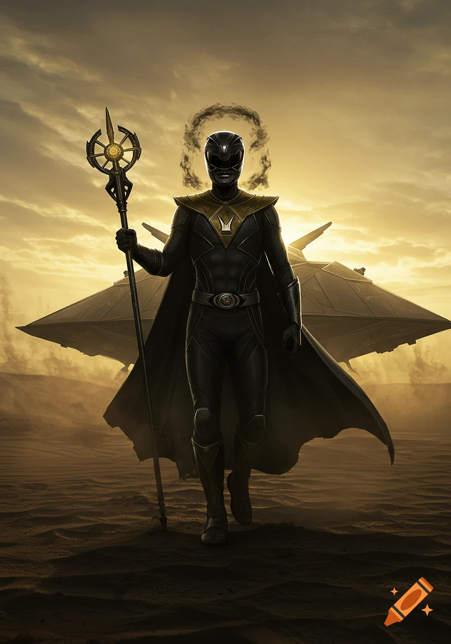 A cinematic concept art of a black armored superhero in a cape, holding a scepter, walking through a desert with a partially hidden spaceship.