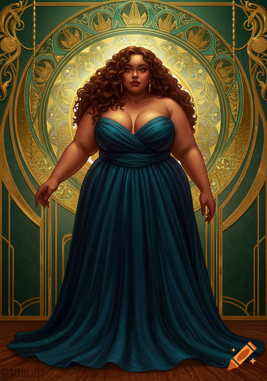 Stylized illustration of a plus-size woman in a teal strapless gown, with curly dark hair, against an ornate green and gold Art Deco background.