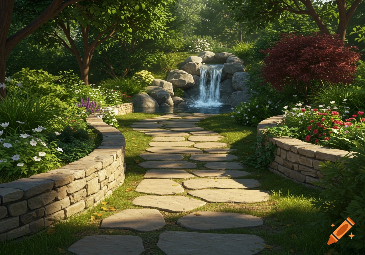 A serene flagstone garden path winding through lush green plants and flowers towards a gentle waterfall feature crafted from river rocks, with sunlight filtering through trees.