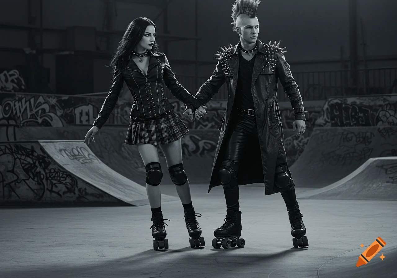 Grayscale shot of a gothic punk couple holding hands on roller skates in a skate park, wearing leather and plaid.