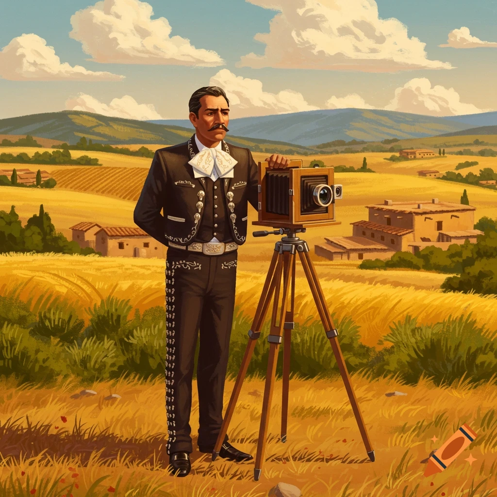 Illustrated man in charro suit with a mustache standing beside a vintage camera on a tripod in a sunny, golden countryside.