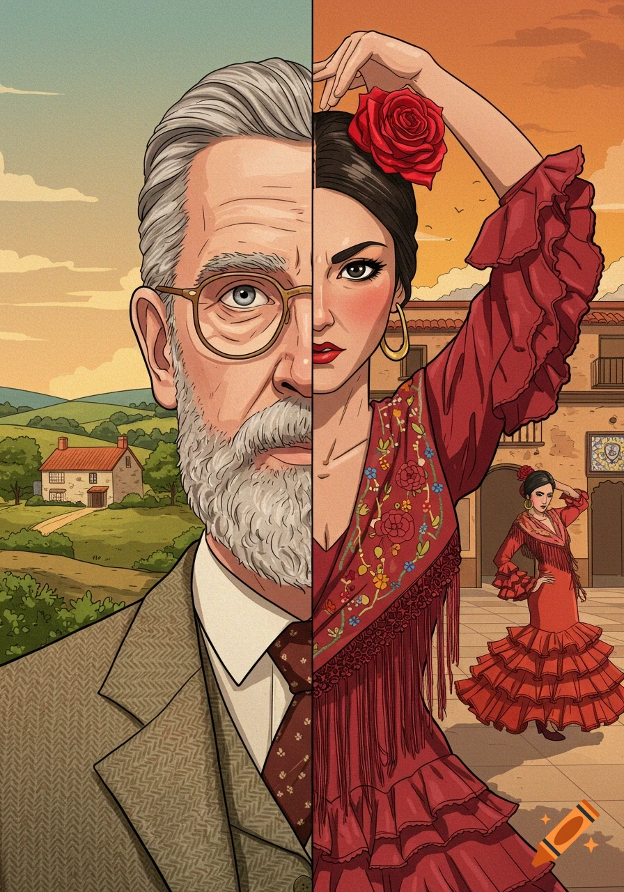 Illustration of a split portrait: an older man with a beard and glasses on the left, and a flamenco dancer in a red dress on the right.