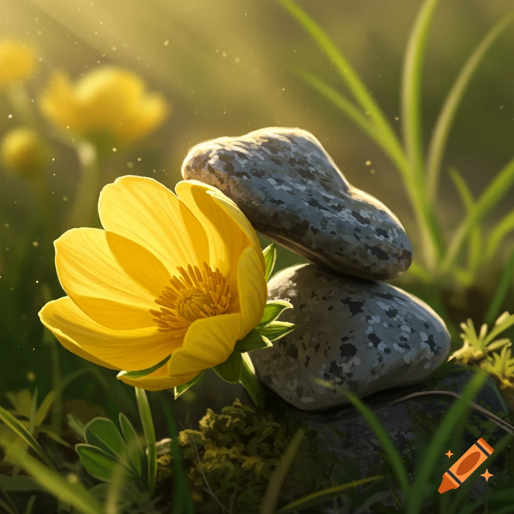 A vibrant yellow flower blooming next to stacked grey rocks in soft sunlight, surrounded by green grass and moss.