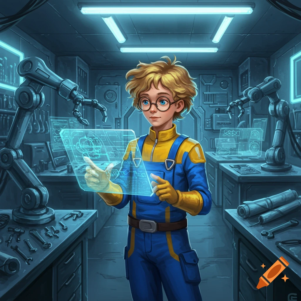 A young, blond-haired inventor in glasses and a blue and yellow jumpsuit interacts with a holographic screen in a futuristic workshop.