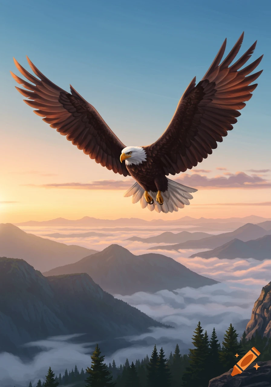 A bald eagle with outstretched wings flies over misty mountains and evergreen trees at sunrise.