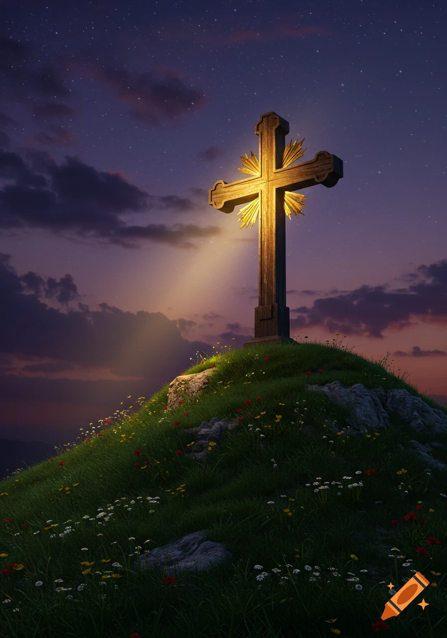 A wooden cross with golden light stands on a wildflower-covered hill under a starry night sky.