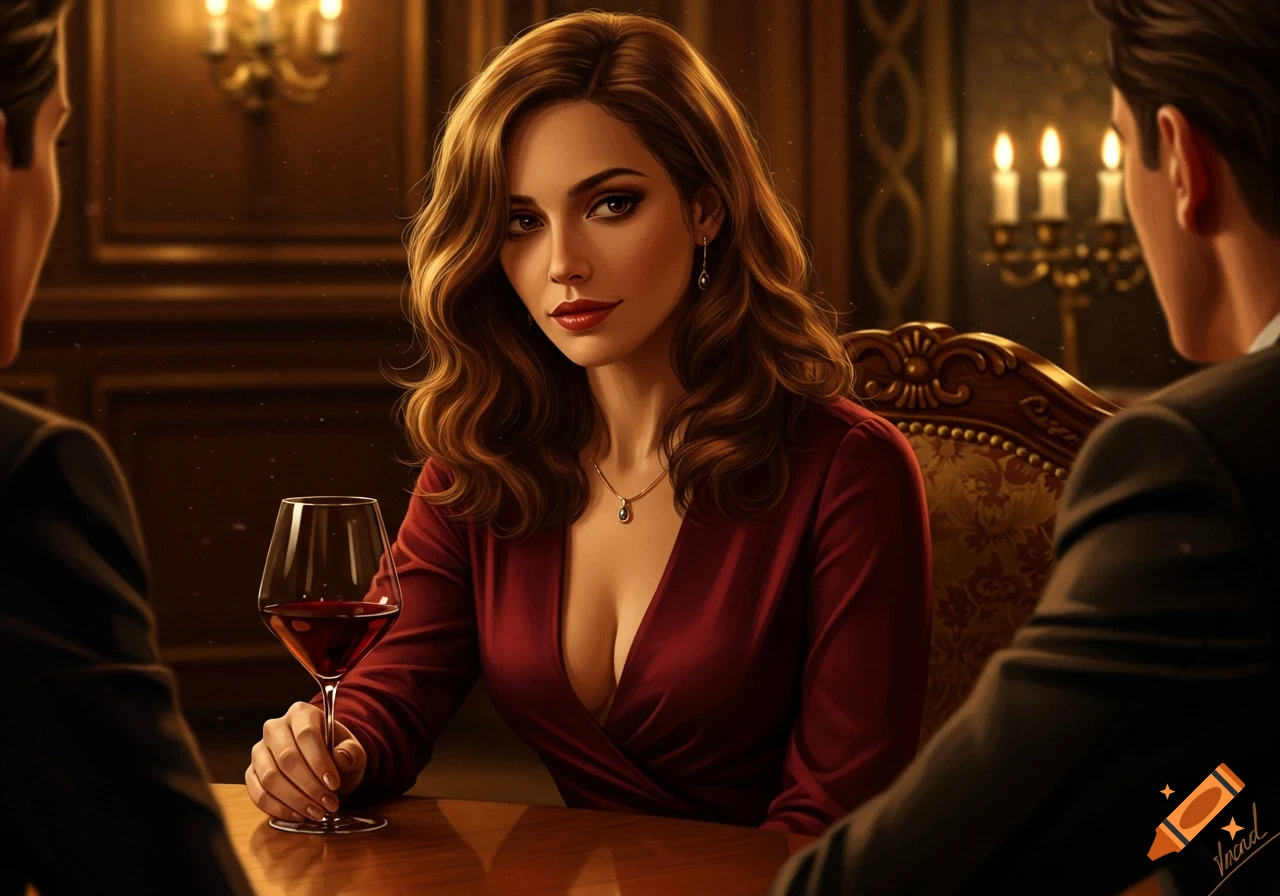 Photorealistic portrait of a woman in a burgundy low-cut blouse, holding a glass of red wine at an elegant table.
