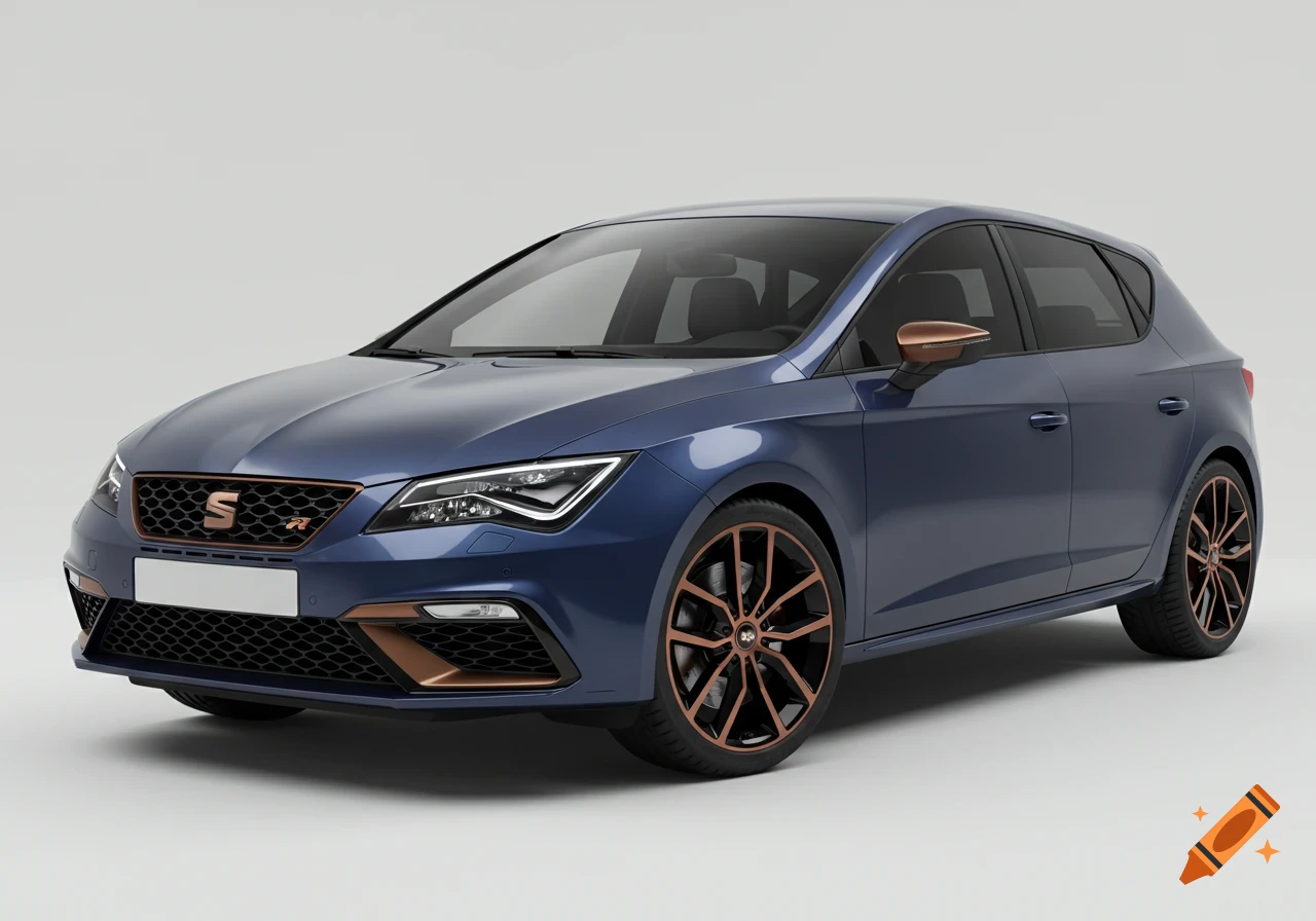 Photorealistic deep metallic blue SEAT Leon Cupra 290 Lux, front view, with bronze/copper grille accents and black/bronze alloys.