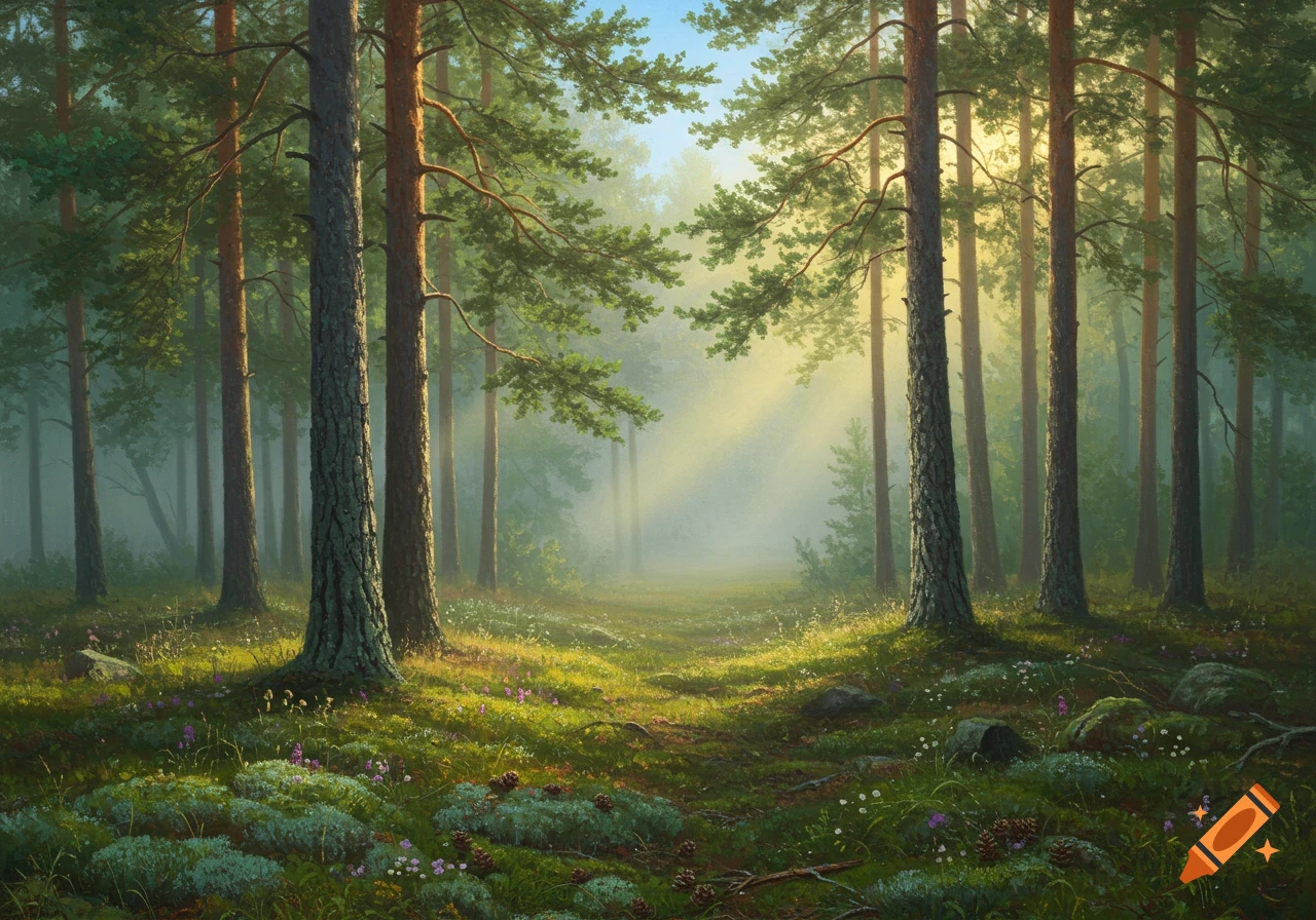 Photorealistic depiction of morning sun rays filtering through a misty pine forest with a winding path and wildflowers.