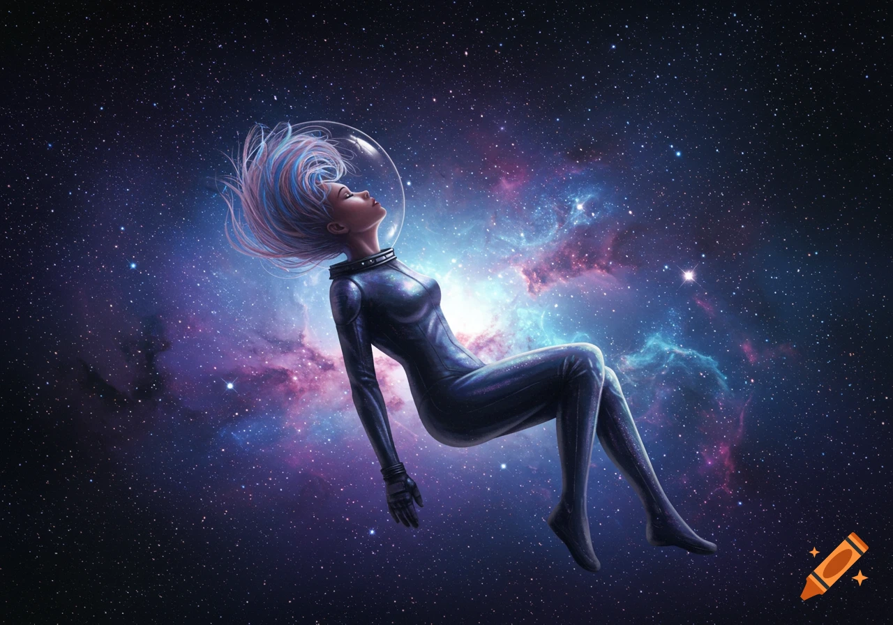 A woman with colorful hair and an astronaut helmet floats gracefully in a vibrant nebula-filled space.