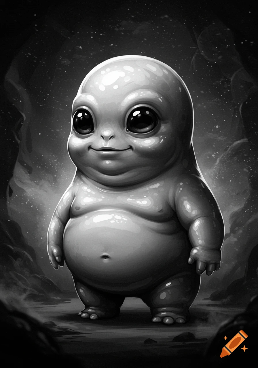 A plump, cute, black and white alien creature with large, shiny eyes and a smile, standing in a dark, textured environment.